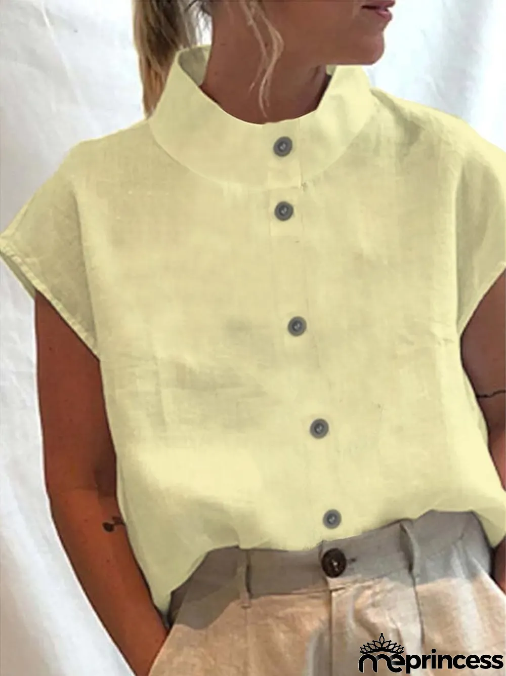 Solid Color Half Turtleneck Button Down Casual Shirt