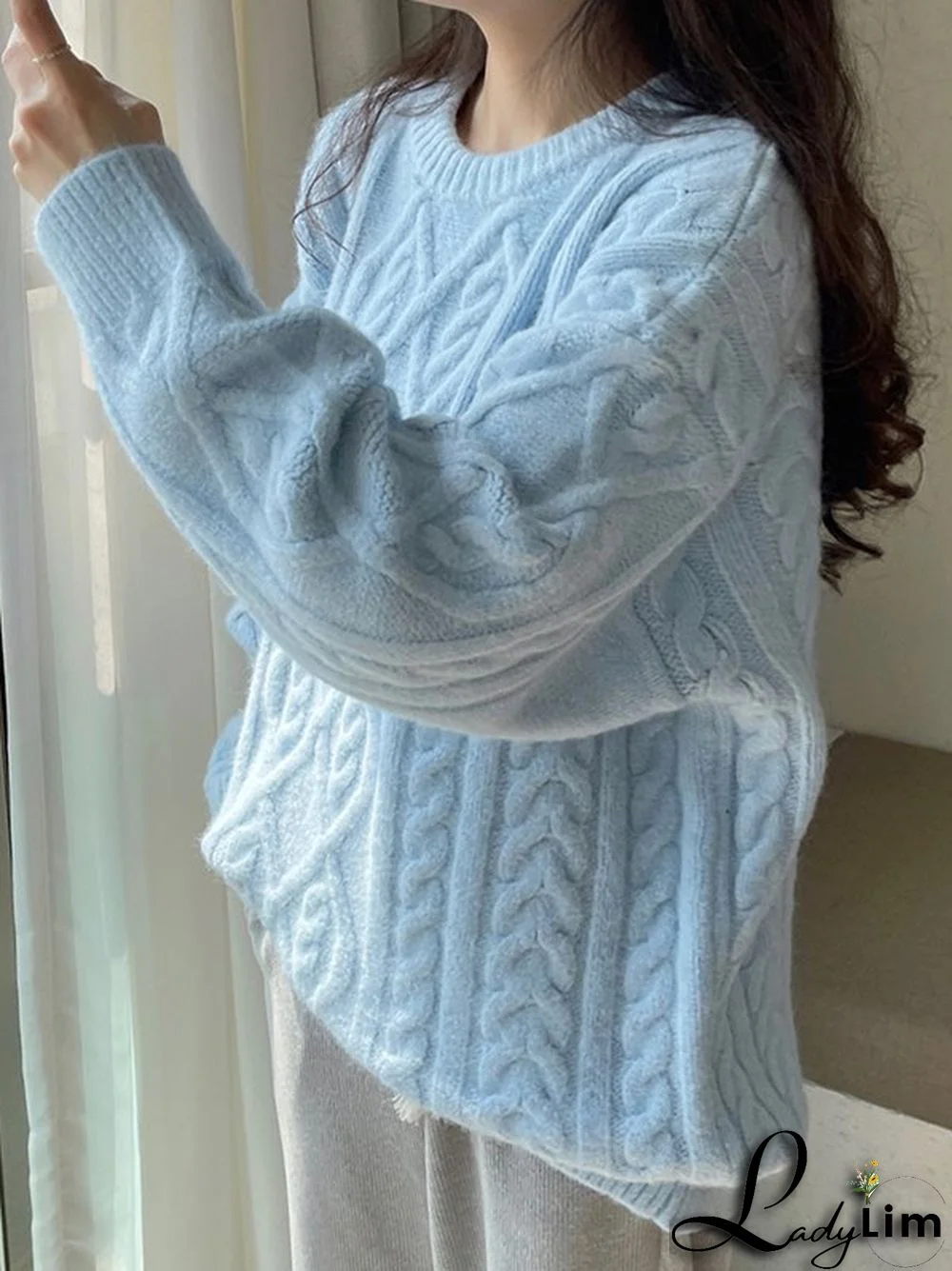 Crew Neck Cable Knit Pullover Sweater