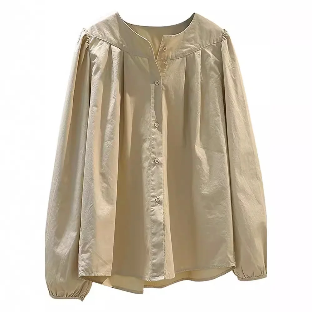 Athvotar Athvotar Lantern Sleeves Folded Cotton Lady Shirt 2025 Spring And Autumn Korean Version Of The Design Sense Of Loose Literary And Artistic Fan Top