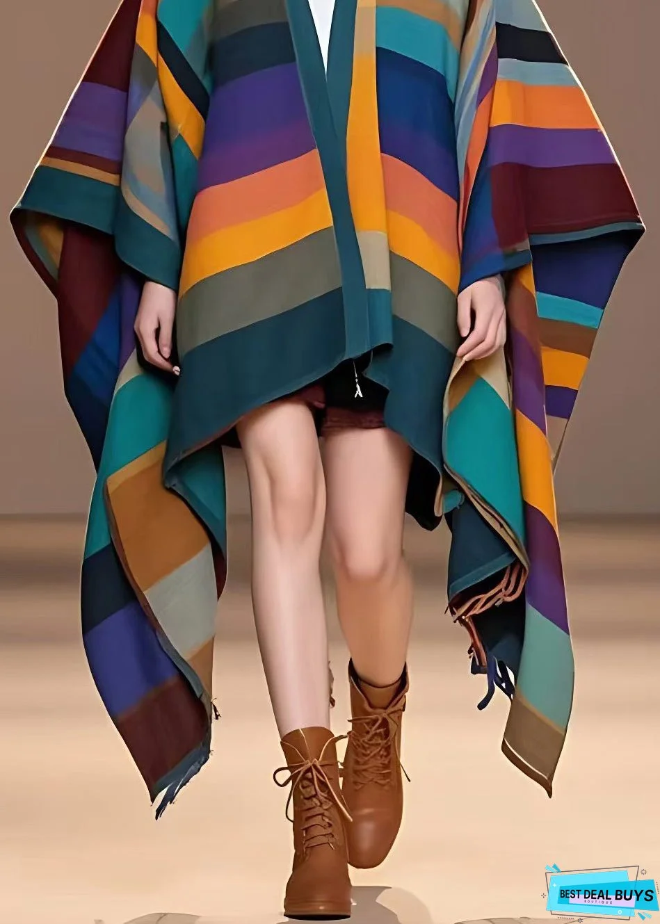 Unique Multicolor V Neck Striped Woolen Coats