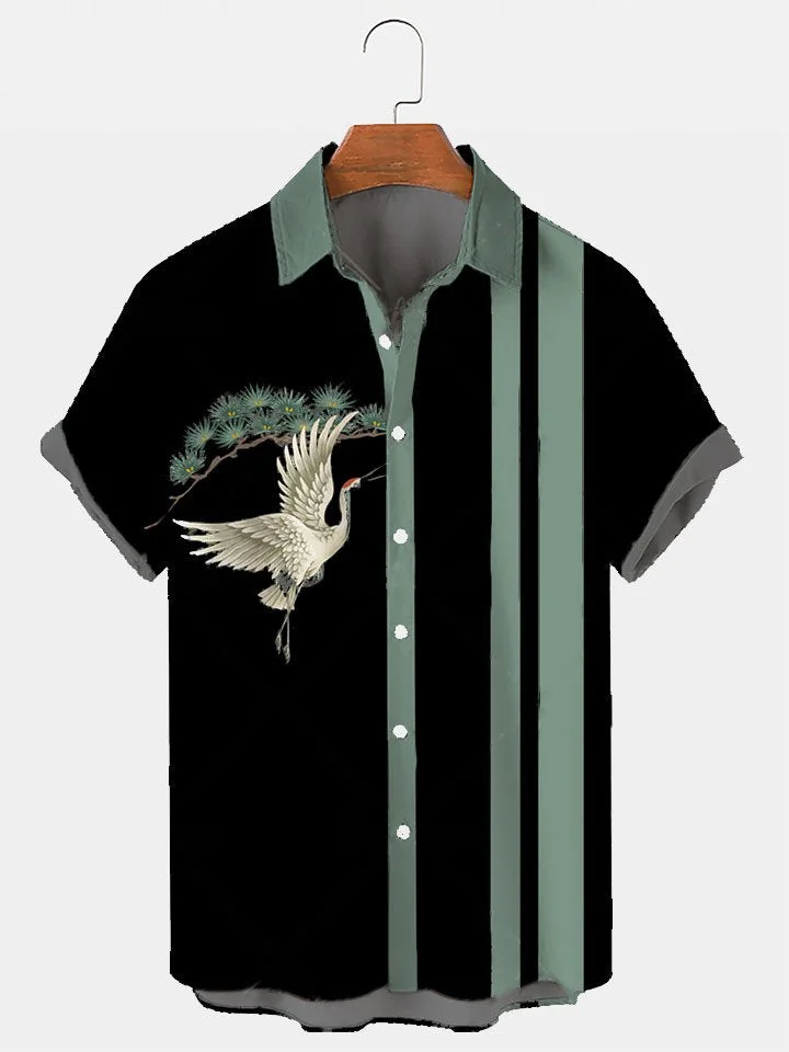Men's Vintage Crane Print Lapel Short Sleeve Hawaiian Shirt