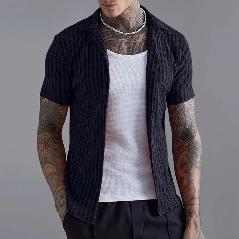 Aonga Casual Breathable Slim Shirts Men Summer Vintage Striped Print Short Sleeve Shirt Streetwear Mens Clothes Fashion Button Shirts