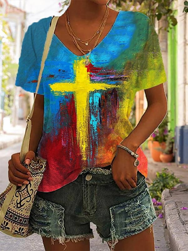 Faith Cross Printed V-neck Women's T-shirt