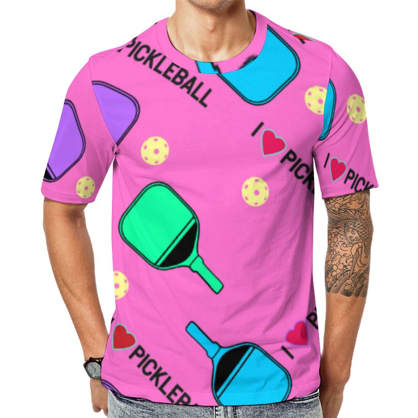 I Love Pickleball Pink Short Sleeve Print Unisex Tshirt Summer Casual Tees for Men and Women Coolcoshirts