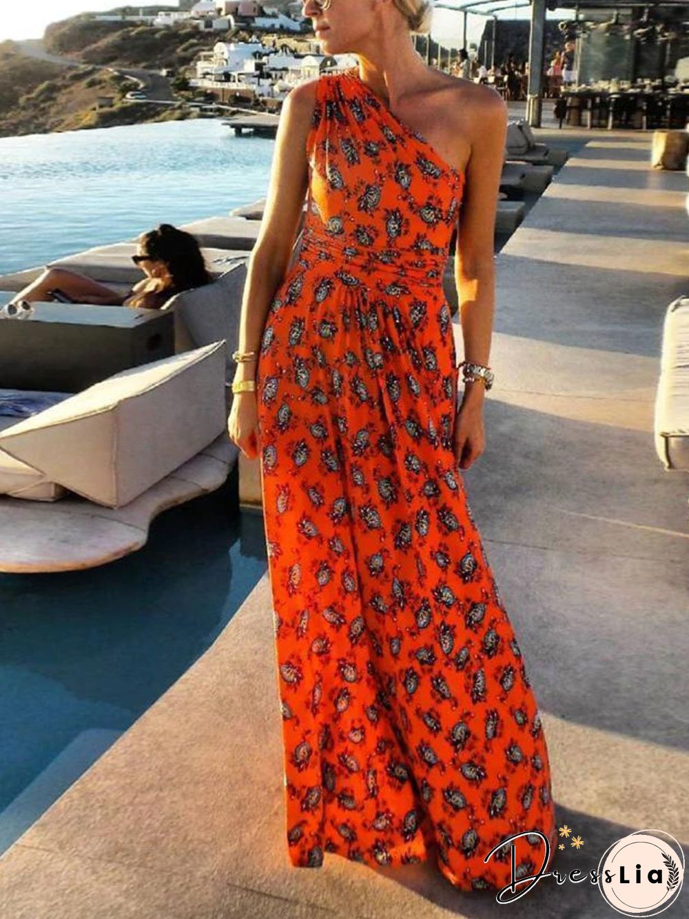 Fashion Floral Printed One Shoulder Maxi Dress P11564