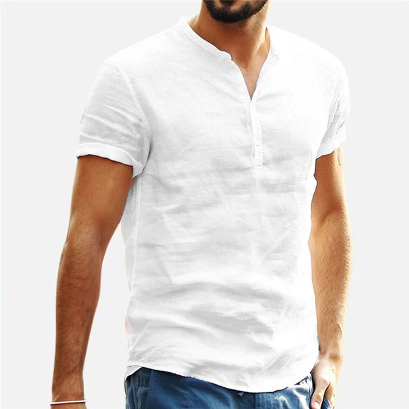 Aonga Men Short Sleeve Linen Shirtsbreathable Men's Baggy Casual Shirts Slim Fit Solid Cotton Shirts Mens Pullover Tops Blouse 2022