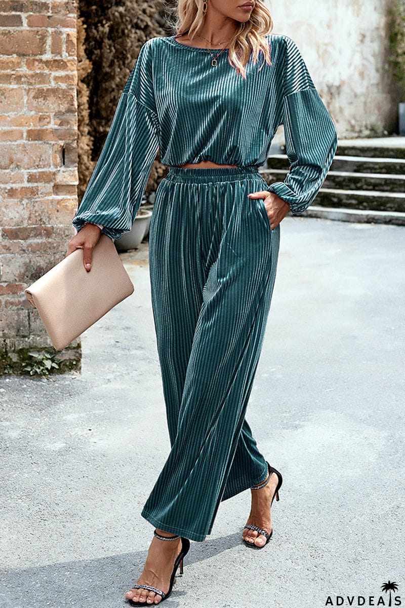 Elegant Solid Pocket O Neck Long Sleeve Two Pieces