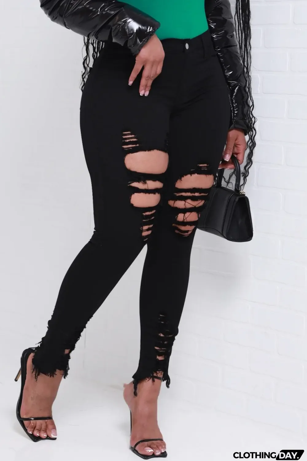 Black Casual Solid Ripped High Waist Skinny Denim Jeans