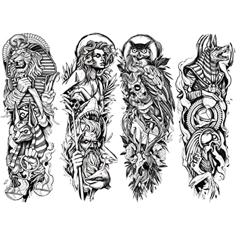 4 Sheets Full Arm Leg Extra Large Temporary Tattoos, Owl Snake Skull God Medusa Poseidon Anubis Horus Lion Eagle Egypt