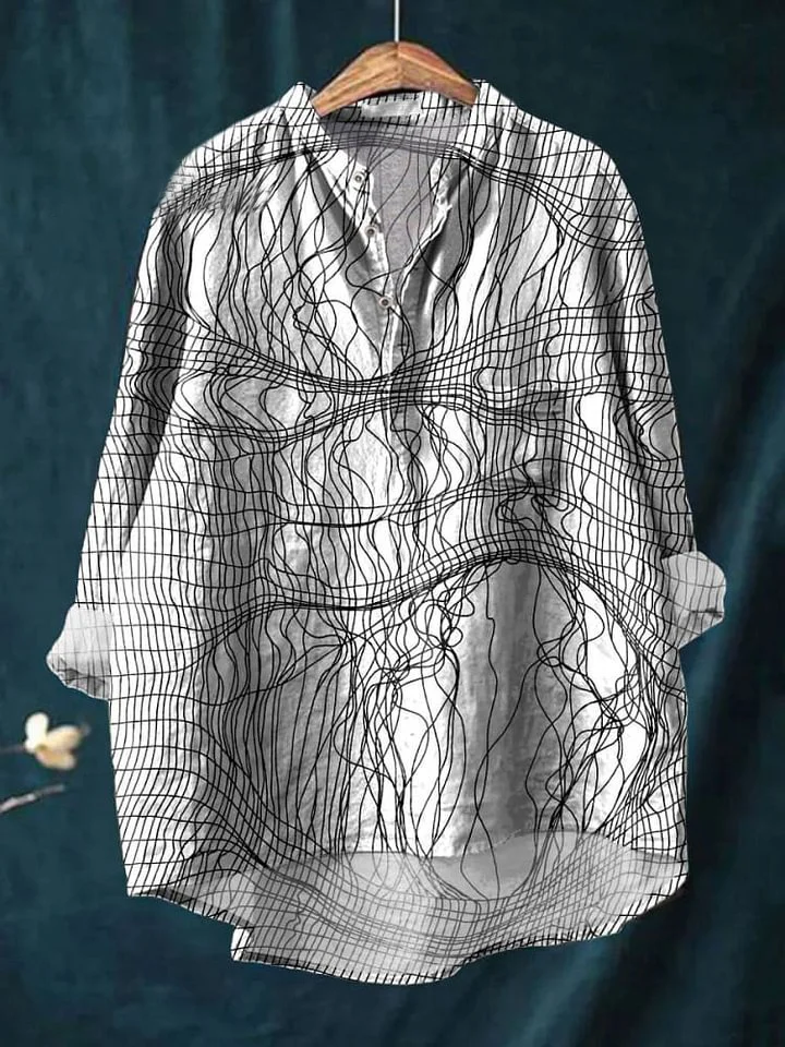 Women's Line Abstract Art Print Casual Long Sleeve Comfortable Cotton Shirt