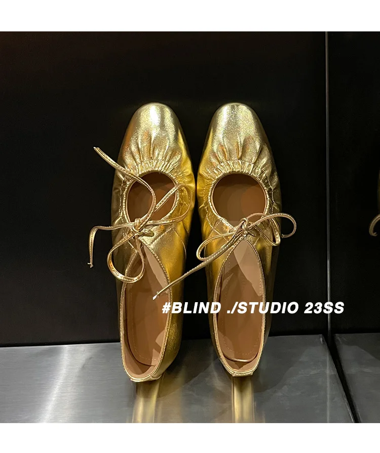 Churchf Churchf Crowd Design Gold Cowhide Strap With Lotus Leaf Mouth Flat Mary Jane Single Shoes Spring New French Leather Women's Shoes