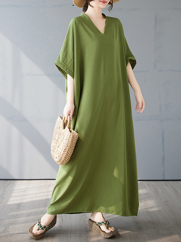 V Neck Solid Color Casual Loose Fit Maxi Dress