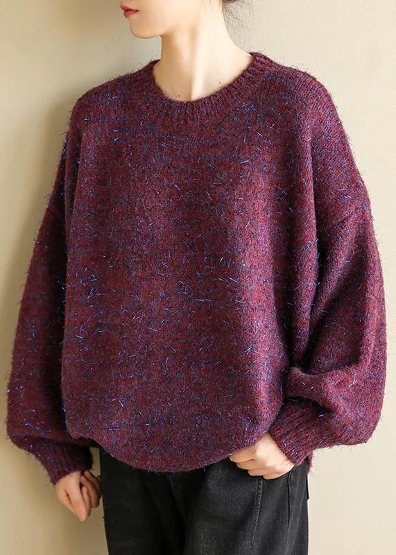 Oversized purple knit tops wild fall fashion o neck knitwear