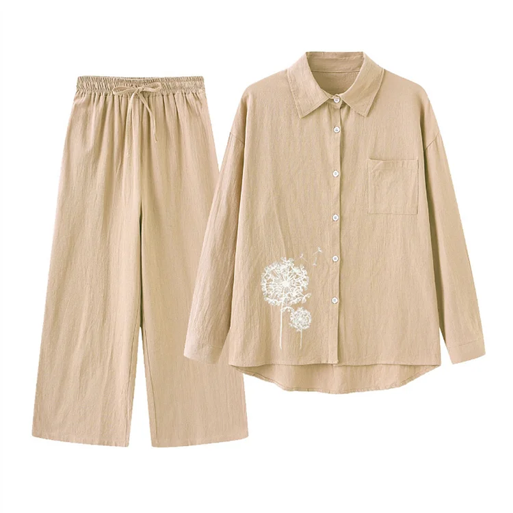 VChics Comfortable Casual Minimalist Dandelion Patterned Long Sleeved Shirt Two Piece Set