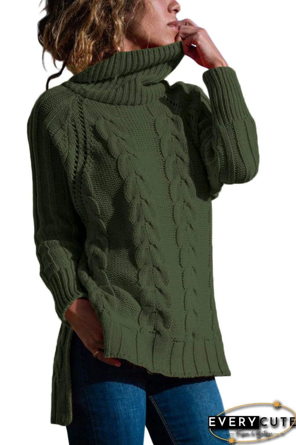 Green Turtle Neck Long Tail Cable Sweater