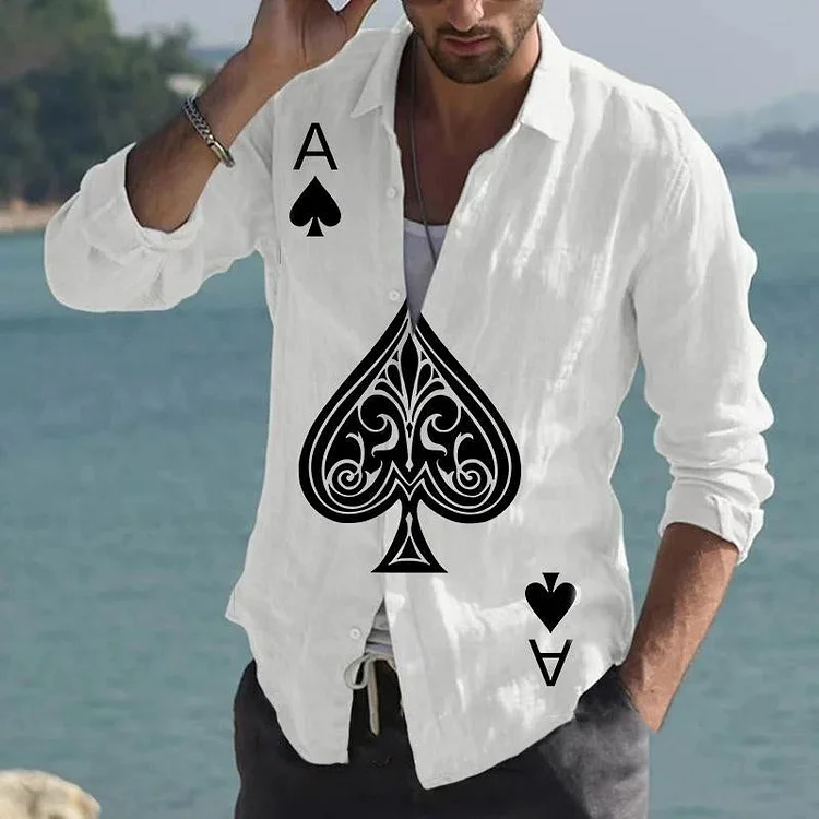 Men's Poker Print Long Sleeve Lapel Shirt