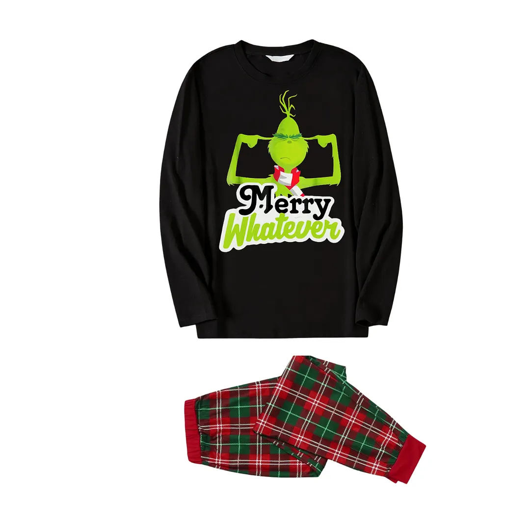 Funny Cartoon Pattern and "Merry Whatever" Slogan Printed Red and Green Plaid Family Matching Pajamas