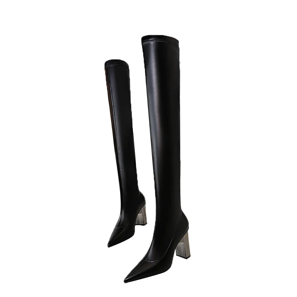 Brand Women Leather Thigh High Boots Thick High heels Stretch Skinny Over the knee boots Autumn Winter Warm Female Boots Shoes