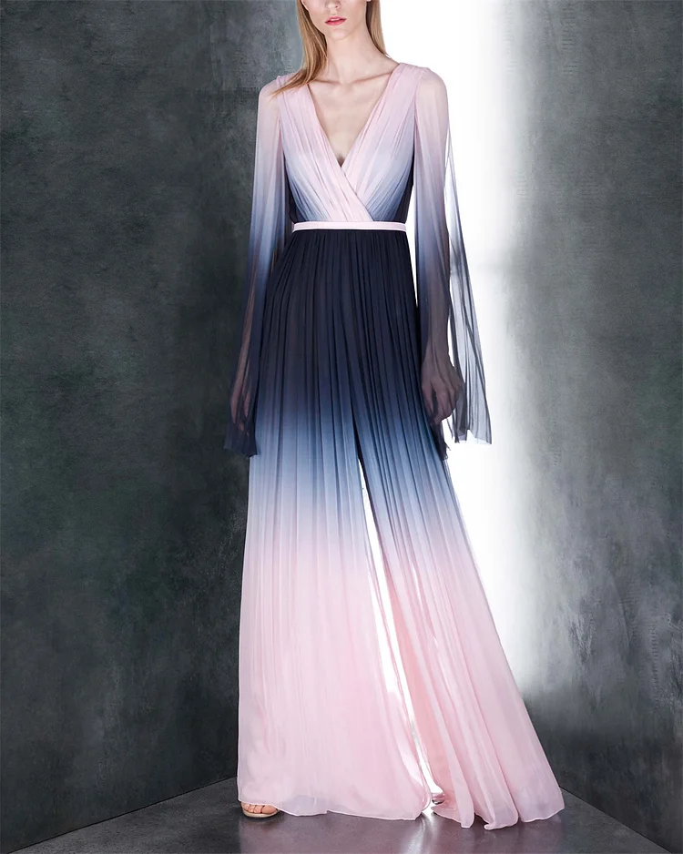 Women's V-neck Long-sleeved Mesh Gradient Color Dress
