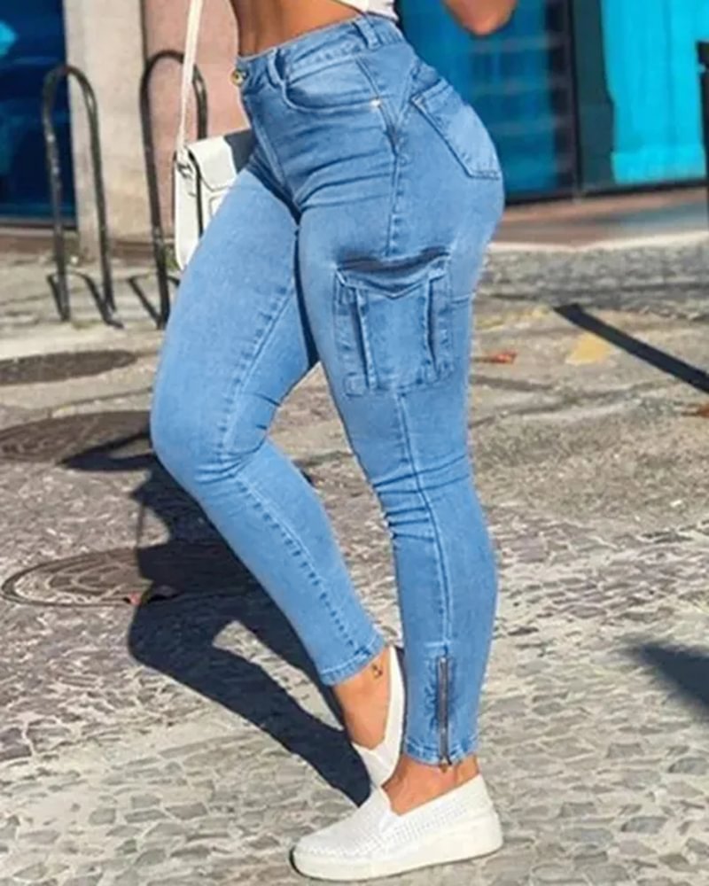Flap Pocket Zipper Side Skinny Jeans