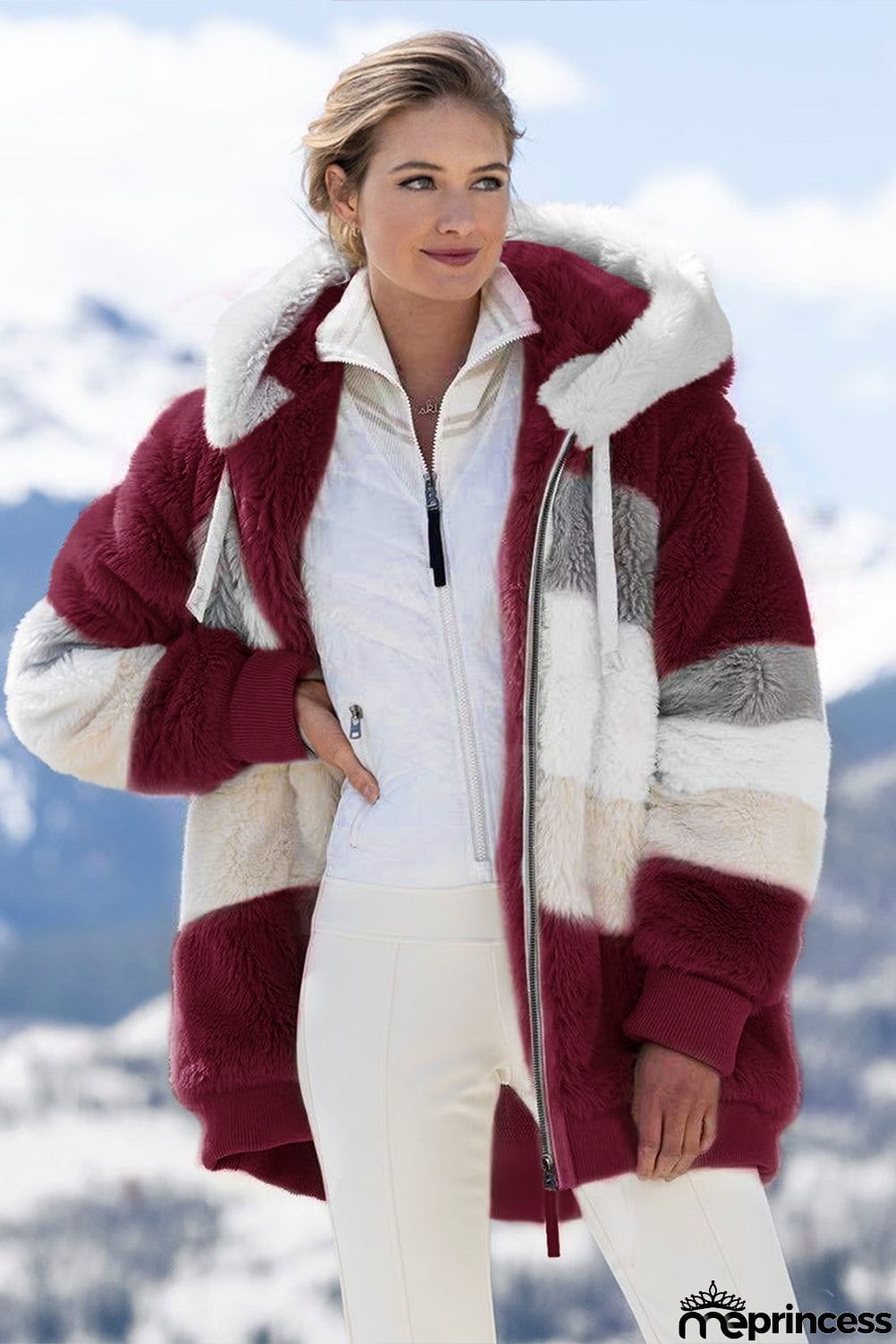 Colorblock Zip Up Sherpa Coat with Hooded