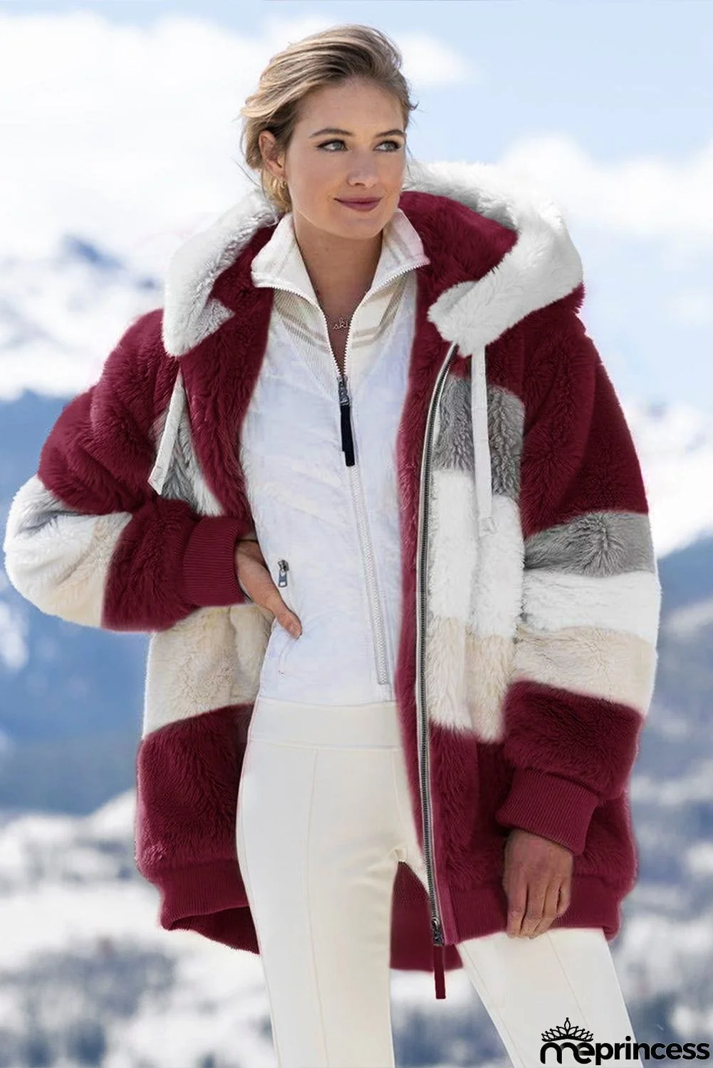 Colorblock Zip Up Sherpa Coat with Hooded