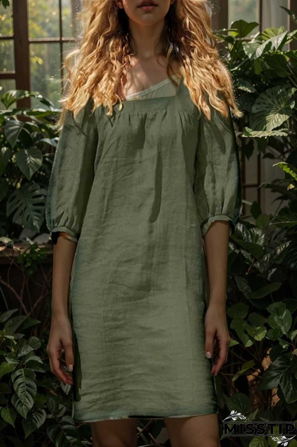 cotton linen loose casual half sleeve mini dress
