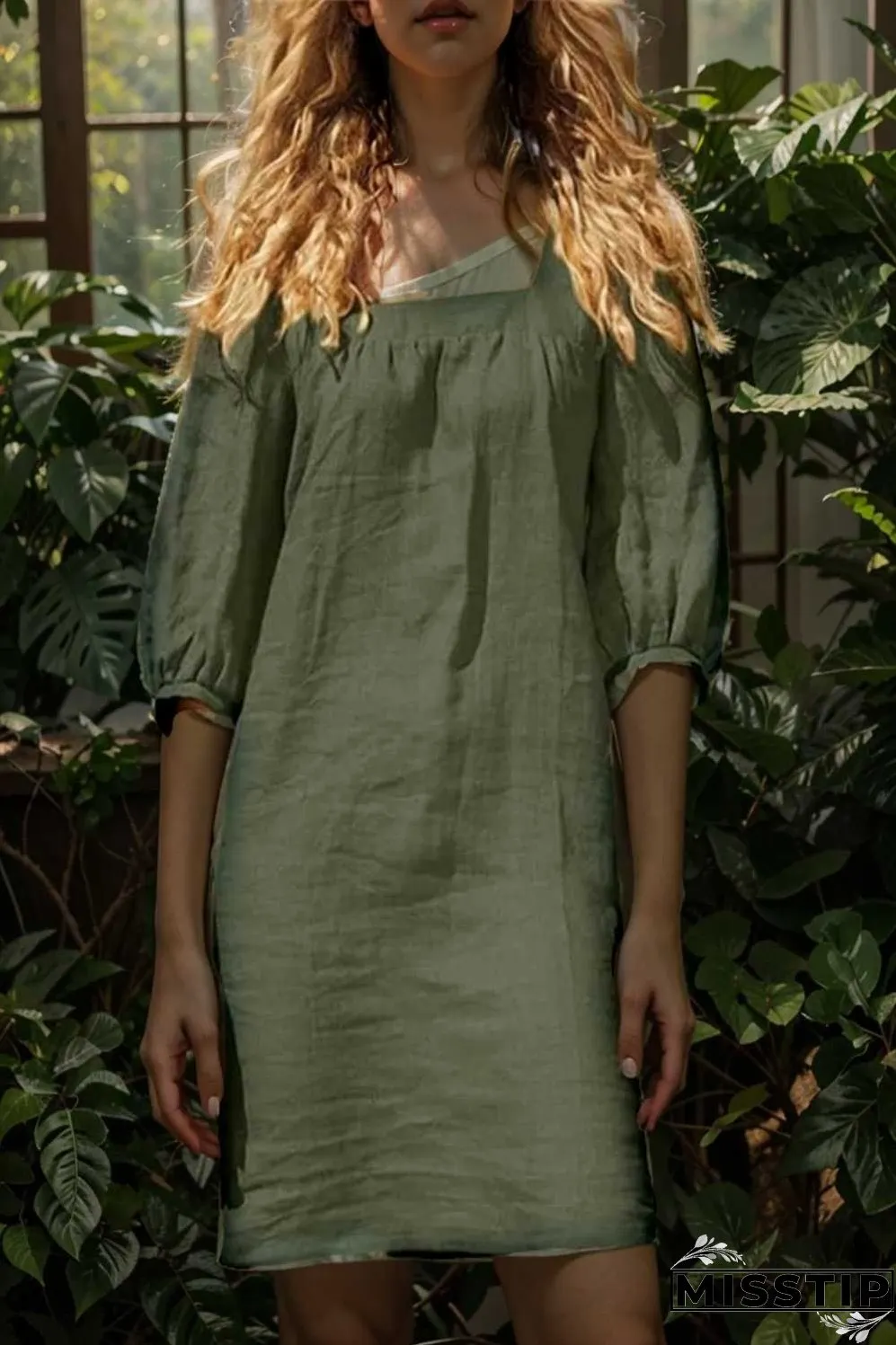 cotton linen loose casual half sleeve mini dress