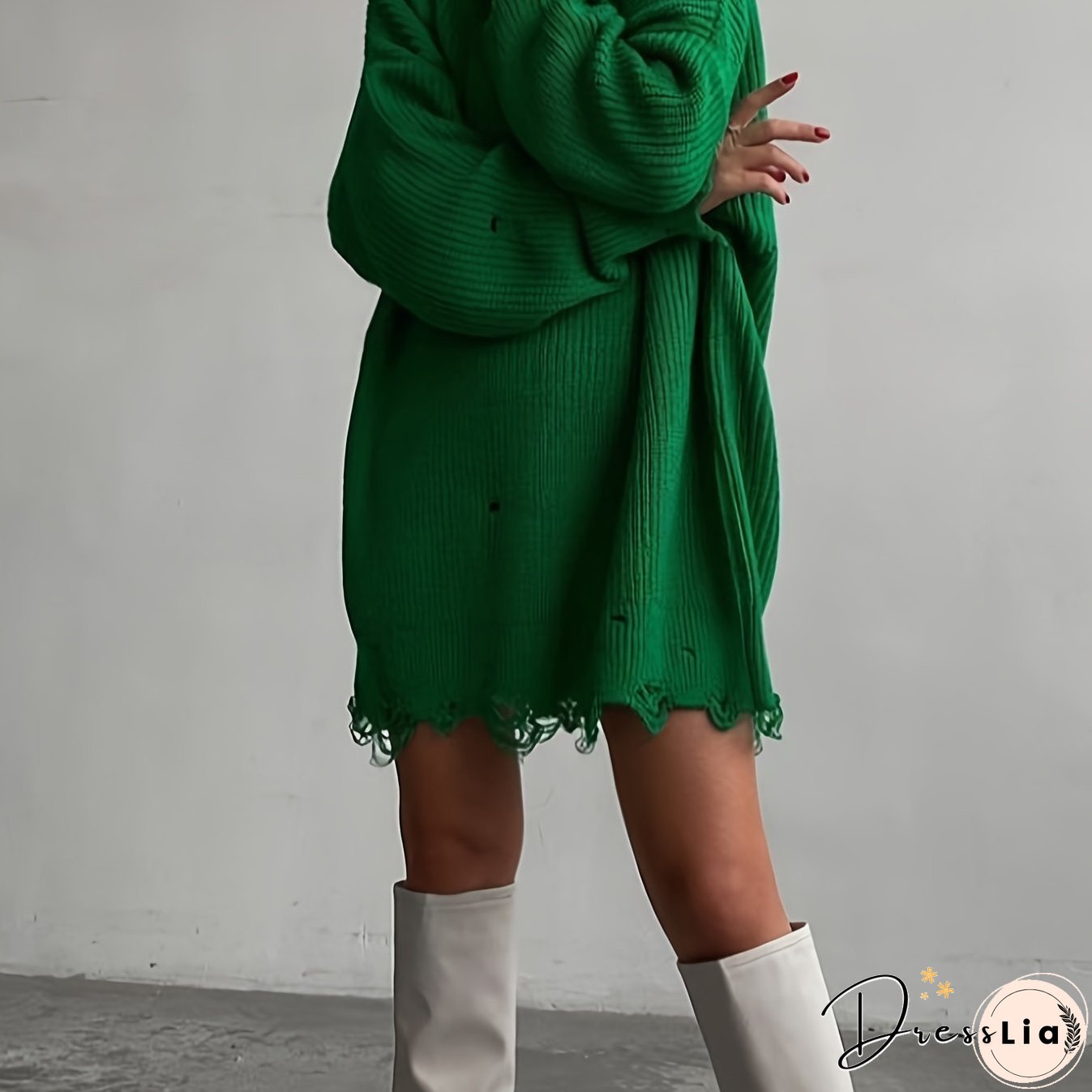 Solid Crew Neck Pullover Sweater, Casual Ripped Long Sleeve Oversized Sweater, Women's Clothing