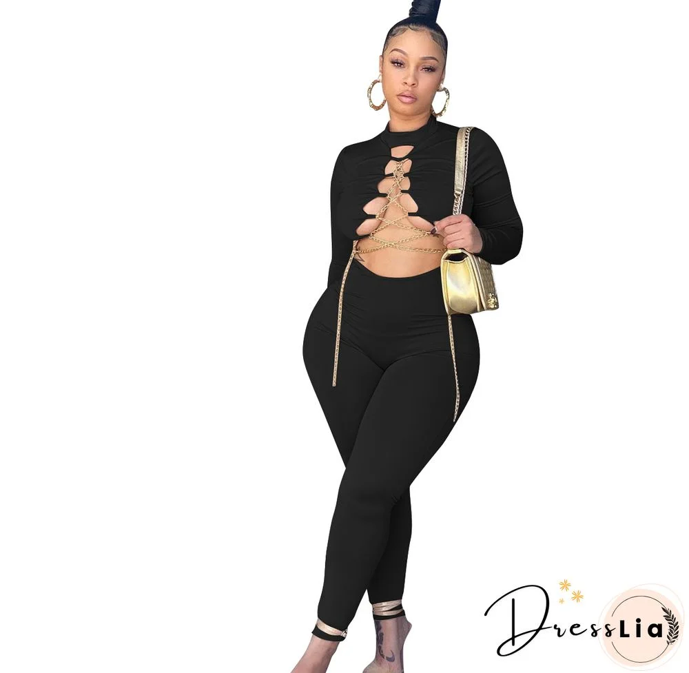 Hollow Out Cross Chain Lace Up Long Sleeve Jumpsuit