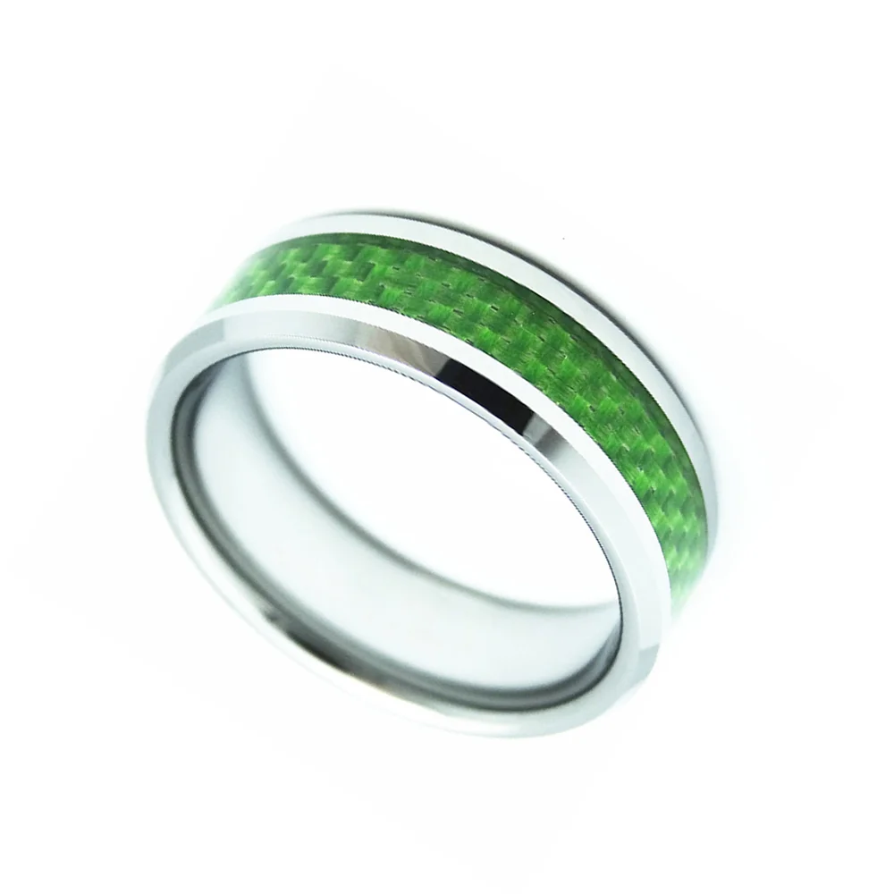 4MM 6MM 8MM Green Carbon Fiber Inlay Mens Tungsten Rings Polished Beveled Edge