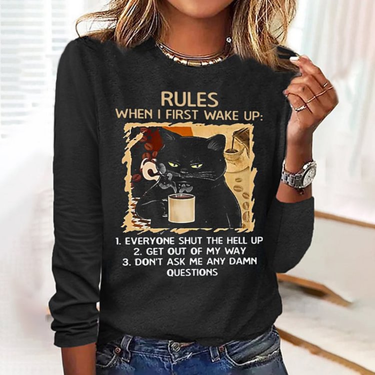 VChics Women's Black Cat Rules Print Long Sleeve T-Shirt