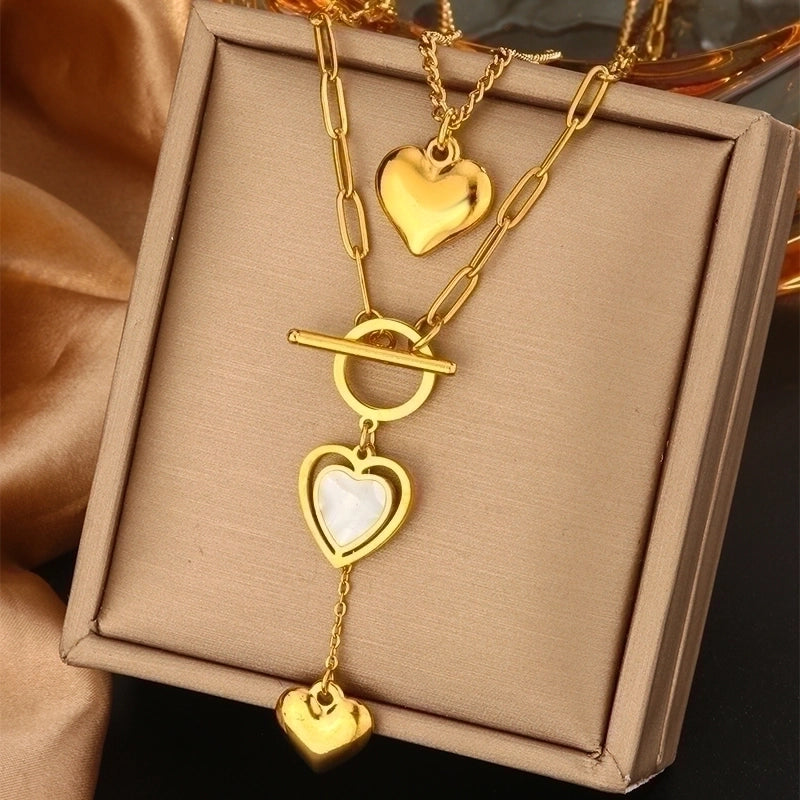 Vintage Style Commute Devil’s Eye Heart Shape Lock 304 Stainless Steel Turquoise Rhinestones Pearl 18K Gold Plated Plating Inlay Layered Necklaces