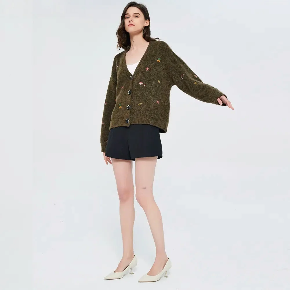 Brownm Leaf Embroidery Cardigan