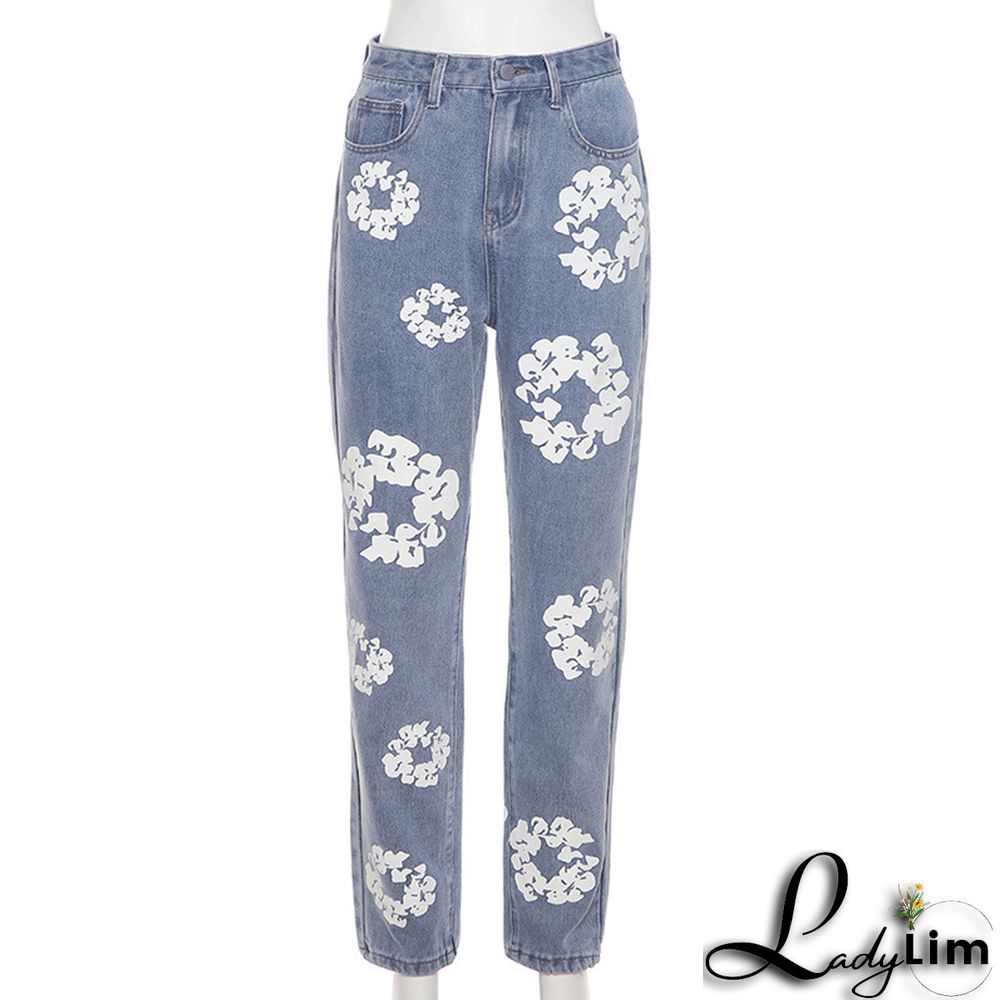 Women Daisy Print High Rise Denim Straight-Leg Pants