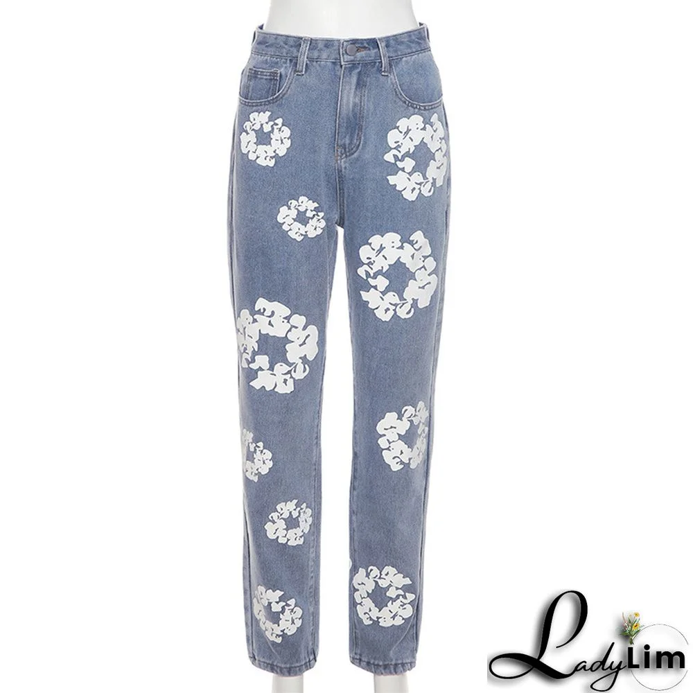 Women Daisy Print High Rise Denim Straight-Leg Pants