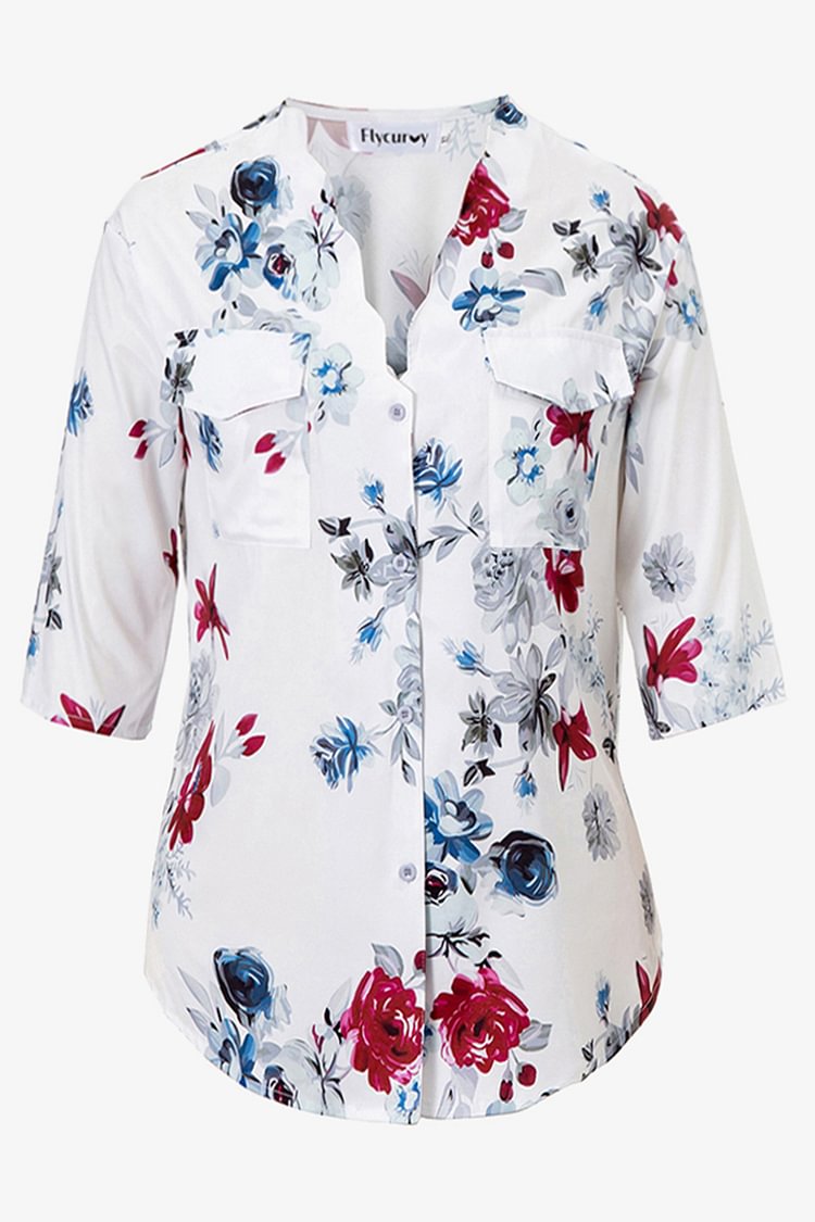 Flycurvy Plus Size Casual Red Floral Print Buttons Wave Neck 3/4 Sleeve Pocket  Casual Blouses  flycurvy [product_label]