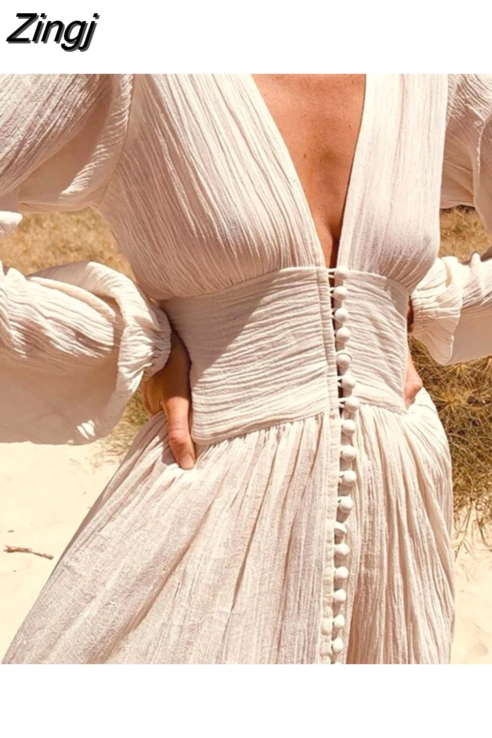 Zingj Women Boho Beach Maxi Dress Button Up Deep V Neck Full Sleeve Long Dress Fairy Grunge French Romance Holiday Clothes 430-0