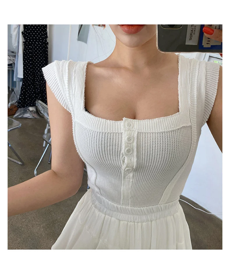Abebey Button  Tank Tops Women Square Collar Solid Knit Casual Basic Summer Ribbed Slim Ruffles Tops Women 2023