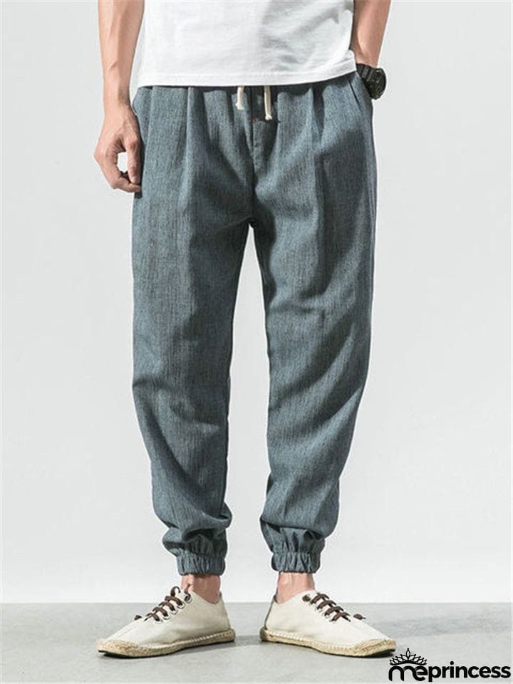 Men Cotton Linen Lightweight Drawstring Pants