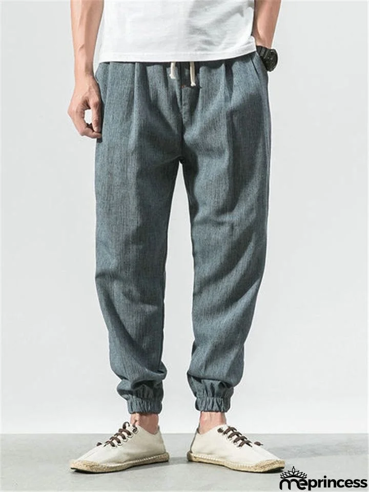 Men Cotton Linen Lightweight Drawstring Pants