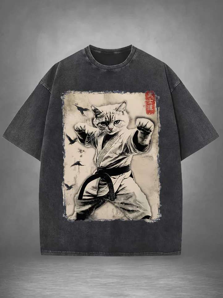Men's Retro Japanese Bushido Cat Print Cotton Washed T-Shirt