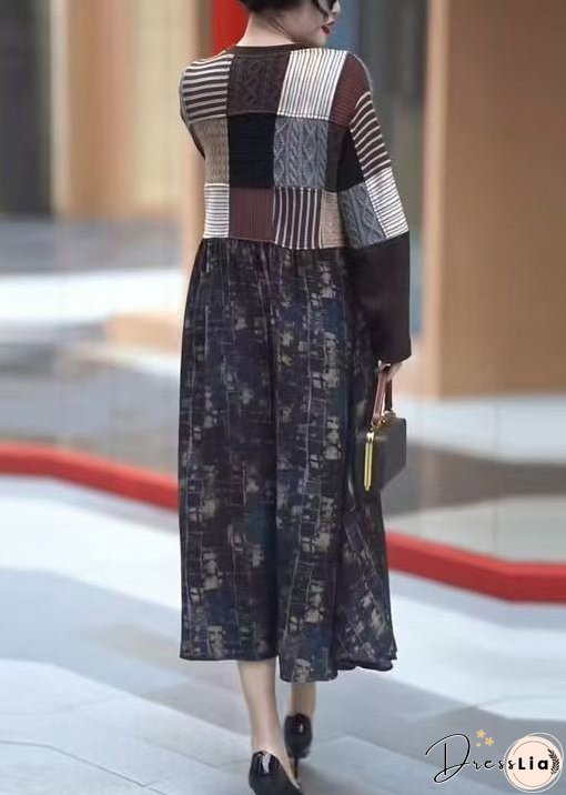 New Coffee Pockets Knit Patchwork Long Dresses Winter