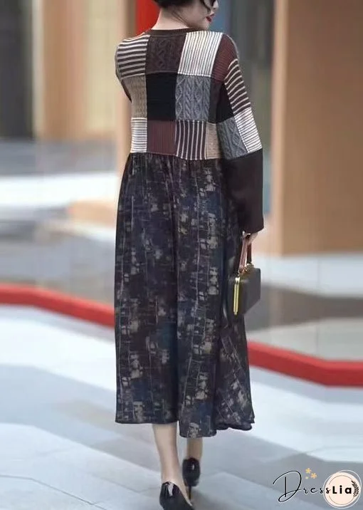 New Coffee Pockets Knit Patchwork Long Dresses Winter