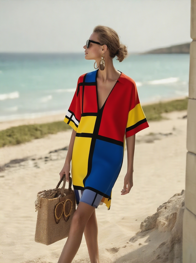 Colour Block Printed Cotton & Linen Women's V-Neck Skirt