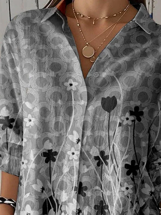 Women 3/4 Sleeve Shirt Collar Floral Printed Graphic Button Tops