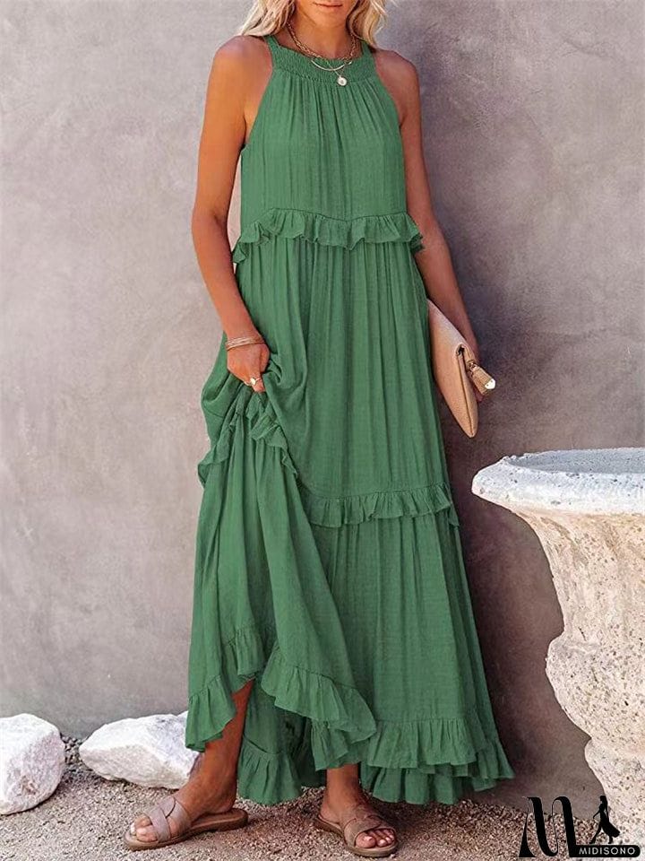 MidiSono - Romantic Ruffles Swing Sleeveless Halter Maxi Dress for Women