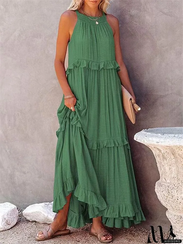 MidiSono - Romantic Ruffles Swing Sleeveless Halter Maxi Dress for Women