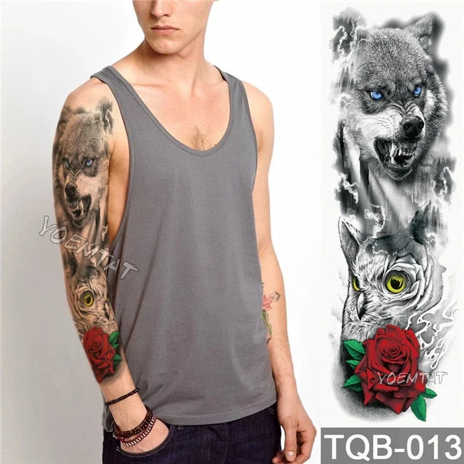 Large Arm Sleeve Tattoo Sketch Lion Tiger Waterproof Temporary Tatoo Sticker Wild Fierce Animal Men Full Bird Totem Tatto