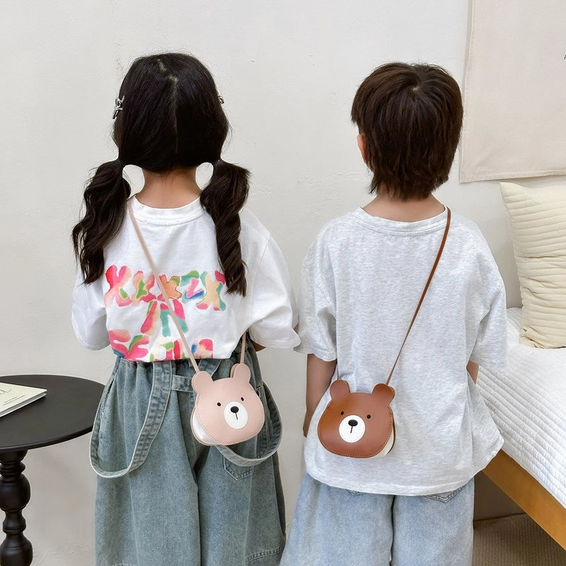 Kid’S Small Pu Leather Little Bear Cute Round Zipper Crossbody Bag